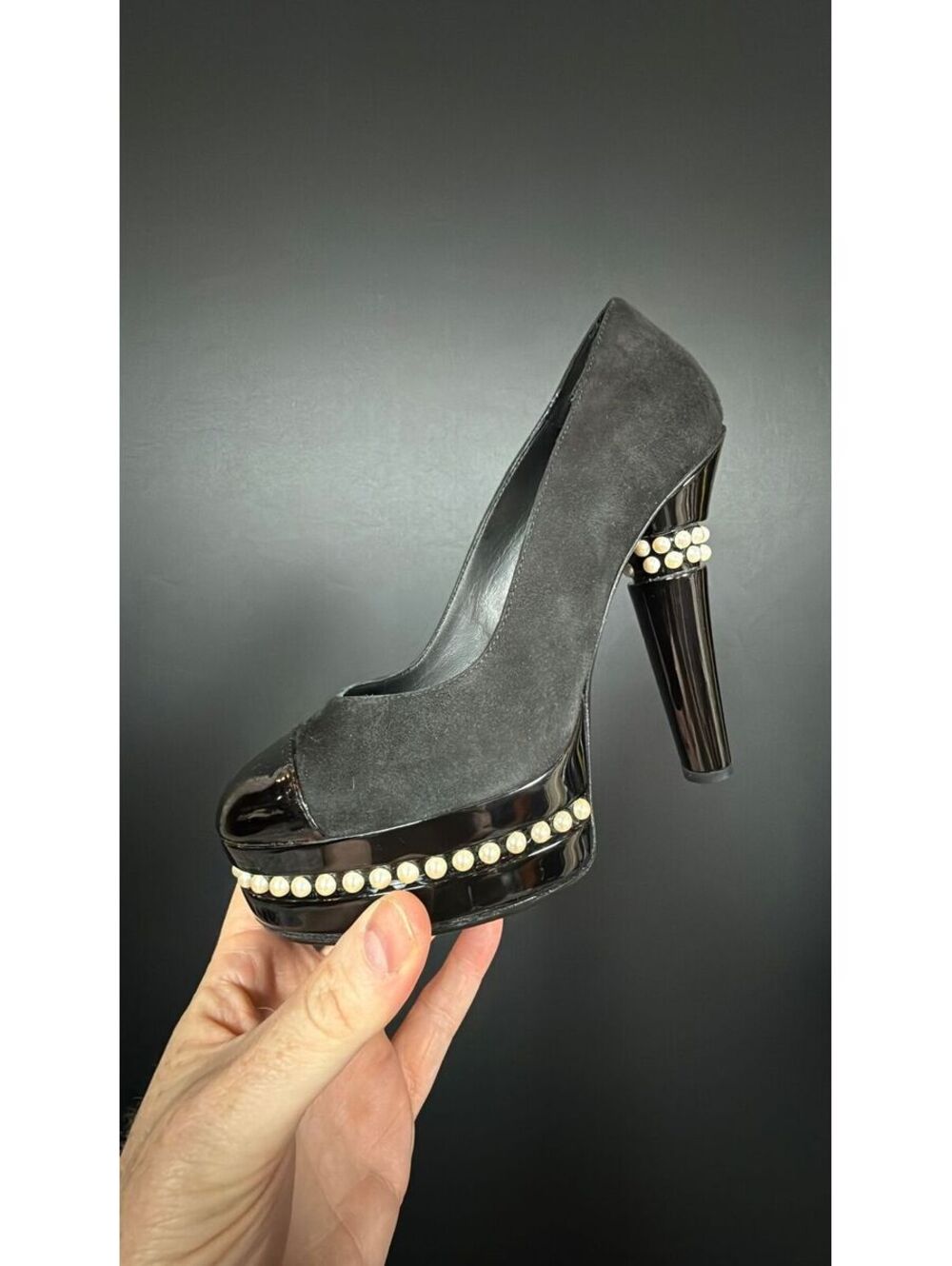 Chanel Black Suede Pearl Platform Heels Size 37